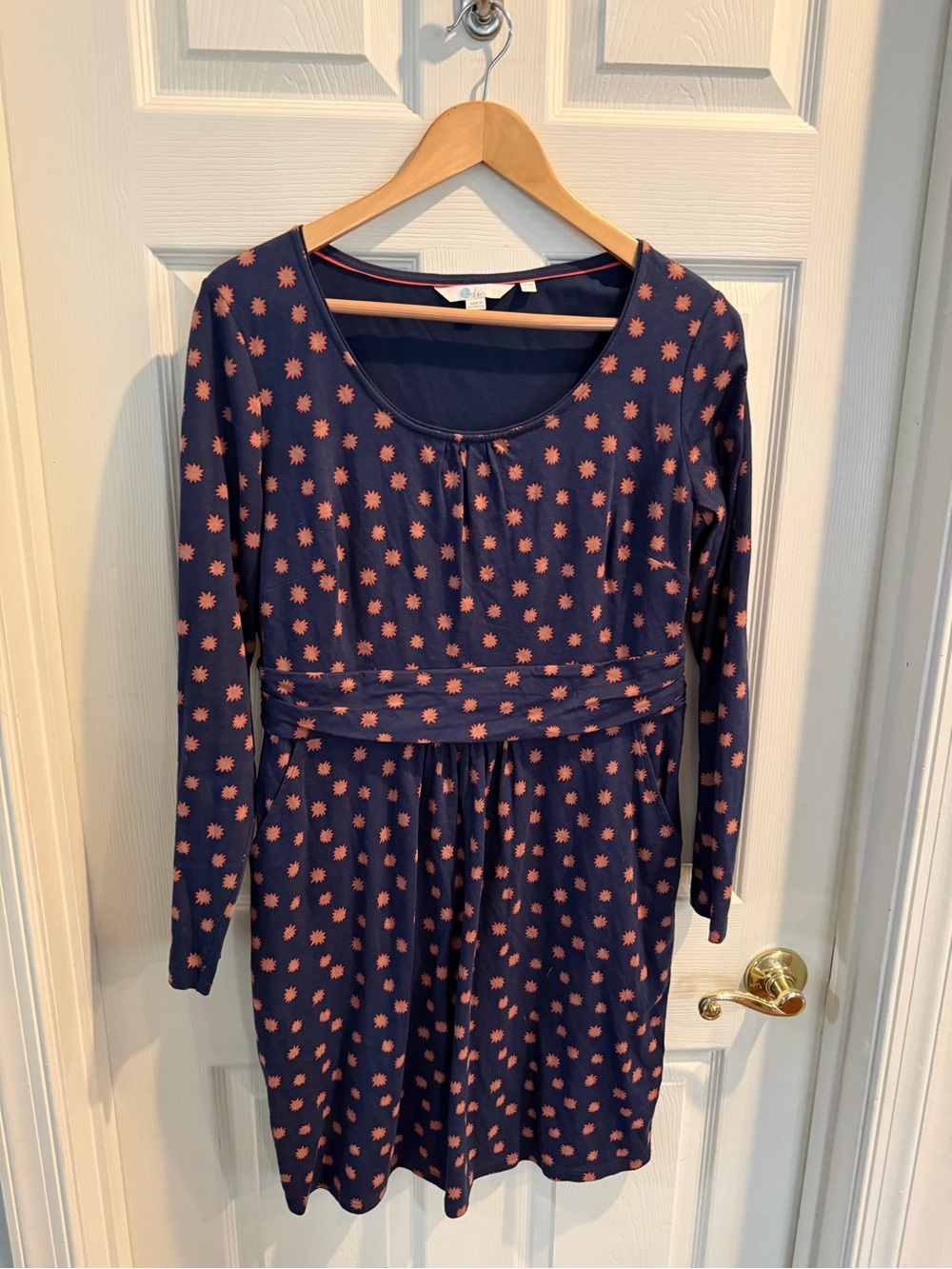 Boden Navy Long-Sleeve Dress with Orange Sunburst Print